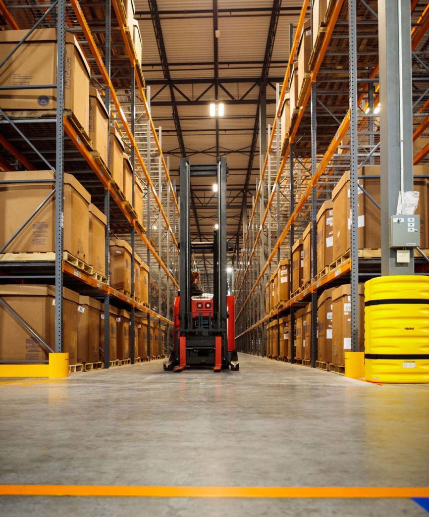 Warehouse aisle and forklift